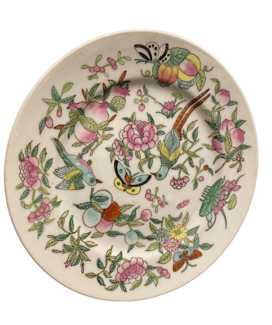 Chinese Porcelain Plates Set of 4 Floral Bird Transferware Famille Verte Style