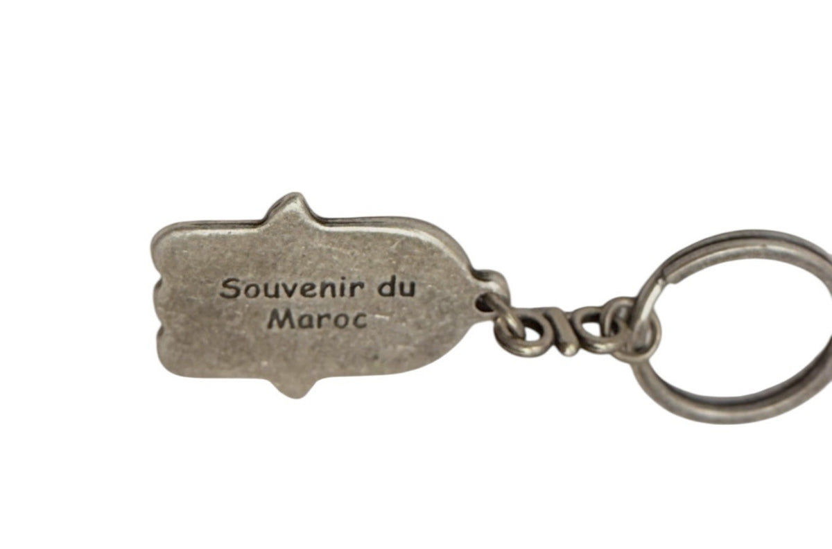 Vintage Moroccan Hamsa Hand Keychain Souvenir du Maroc Silver Tone Key Ring