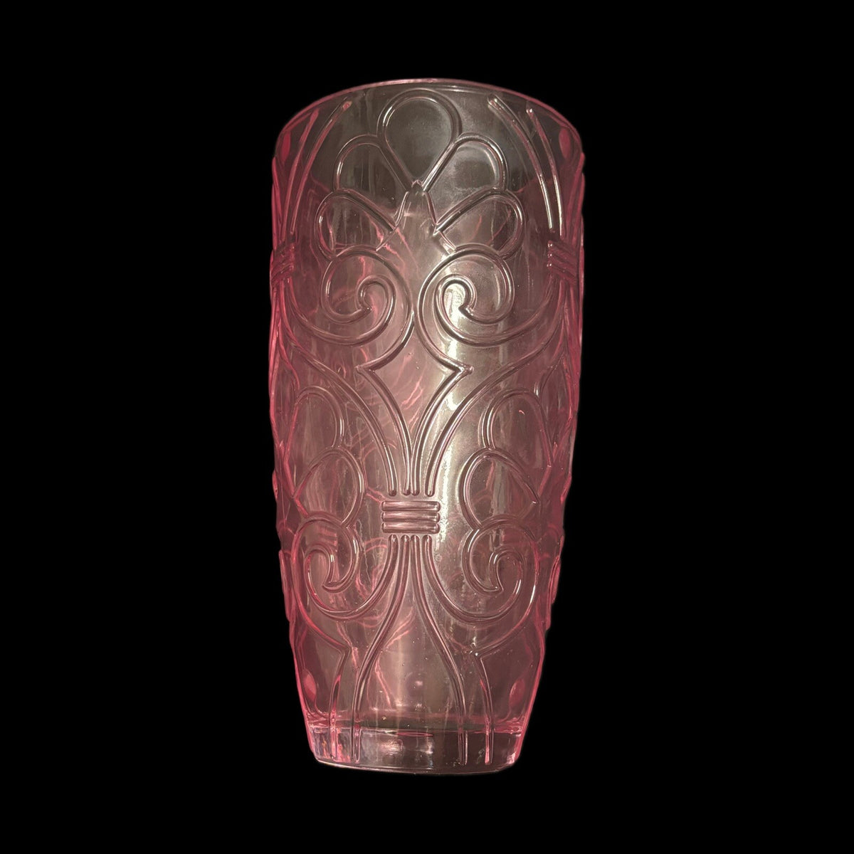 PINK VASE Tall Glass Intricate Molded Designs Pressed Glass
