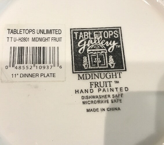 Tabletops Gallery MIDNIGHT Dinner Plate Hand Painted Black Assorted Fruits