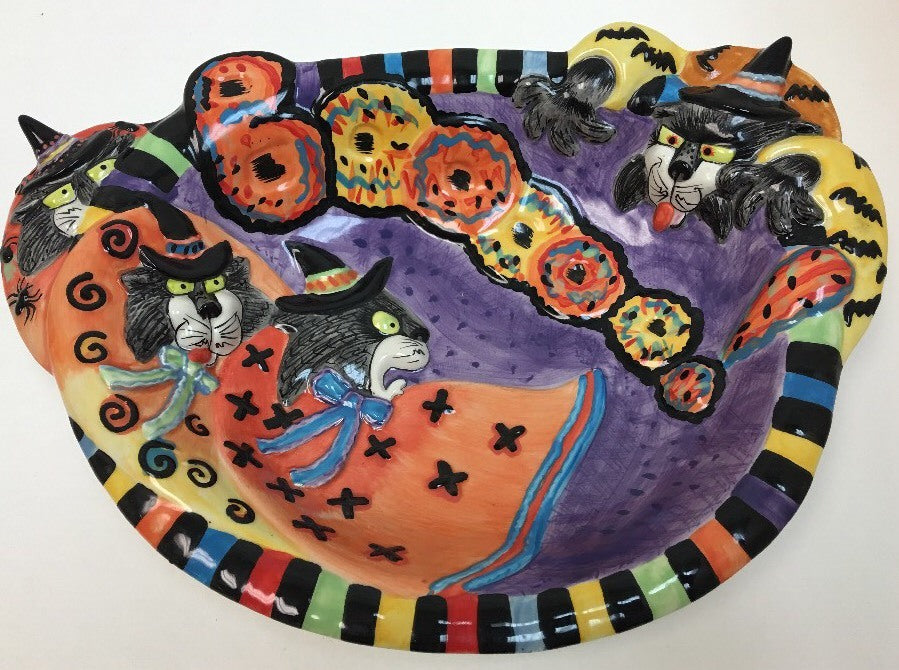 Fitz & Floyd KITTY WITCHES Halloween HandCrafted Ceramic Deep Platter Candy Bowl