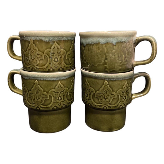 Vintage Japan Green Drip Glaze Stackable Coffee Mugs Set of 4 Geometric