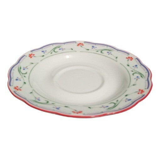 Gibson Designs GRACE 6-Saucers 5 7/8" D Blue Red Flowers Green & Blue Lines