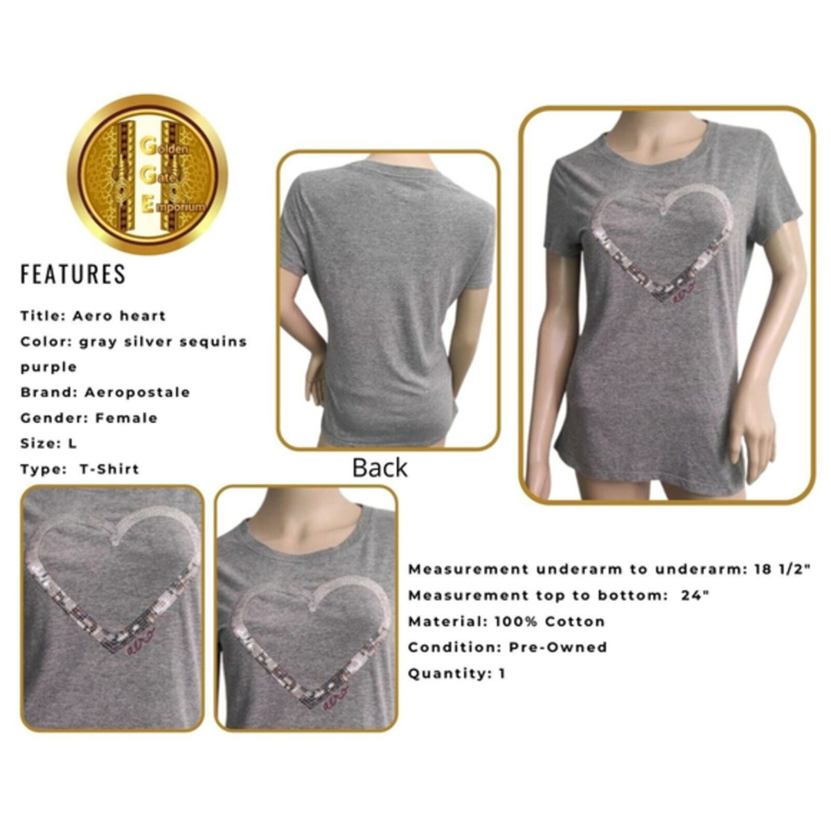 Aeropostale T-Shirt Heart Embellished Sequins L Gray Short Sleeves Crew Neck Top