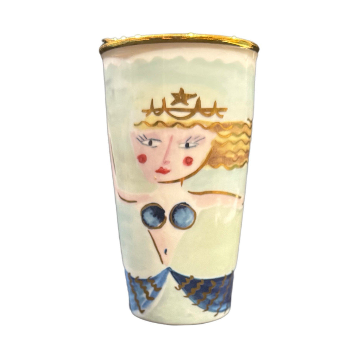 Starbucks Mermaid Tumbler 2014 12 oz Ceramic Gold Lid Rare Collector Cup