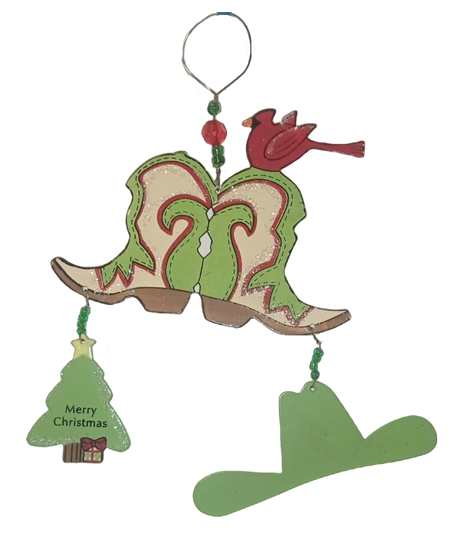 Cowboy Boots With Christmas Tree & Hat Hanging Metal Ornament 5 1/2"