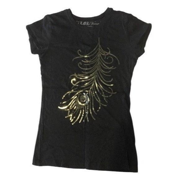 LOL Vintage Women’s Large Black T-Shirt ✦ Gold Sequin Peacock Feather Design Top