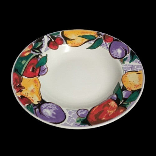 Gibson CORNUCOPIA FRUIT 4-Rim Soup Bowl 8 ½” D Apple Pear Cherry Plum Border