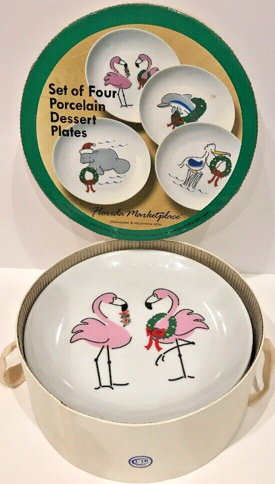 FLORIDA MARKETPLACE 4 Dessert Plates Manatee-Flamingos-Dolphin-Pelican 6 1/2" D