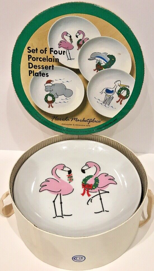 FLORIDA MARKETPLACE 4 Dessert Plates Manatee-Flamingos-Dolphin-Pelican 6 1/2" D