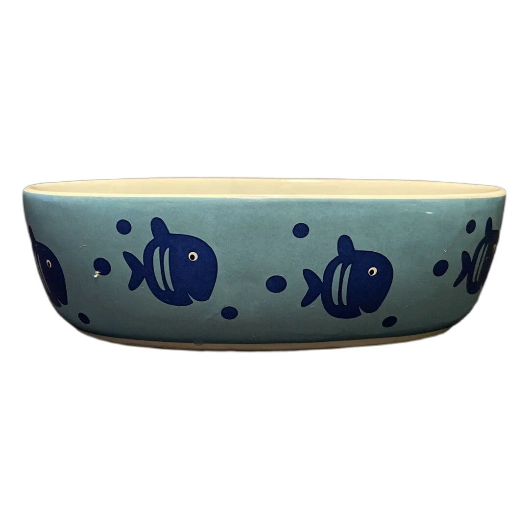 PetRageous Designs Oval Cat Bowl HandCrafted Stoneware Food Water Dish Blue Fish