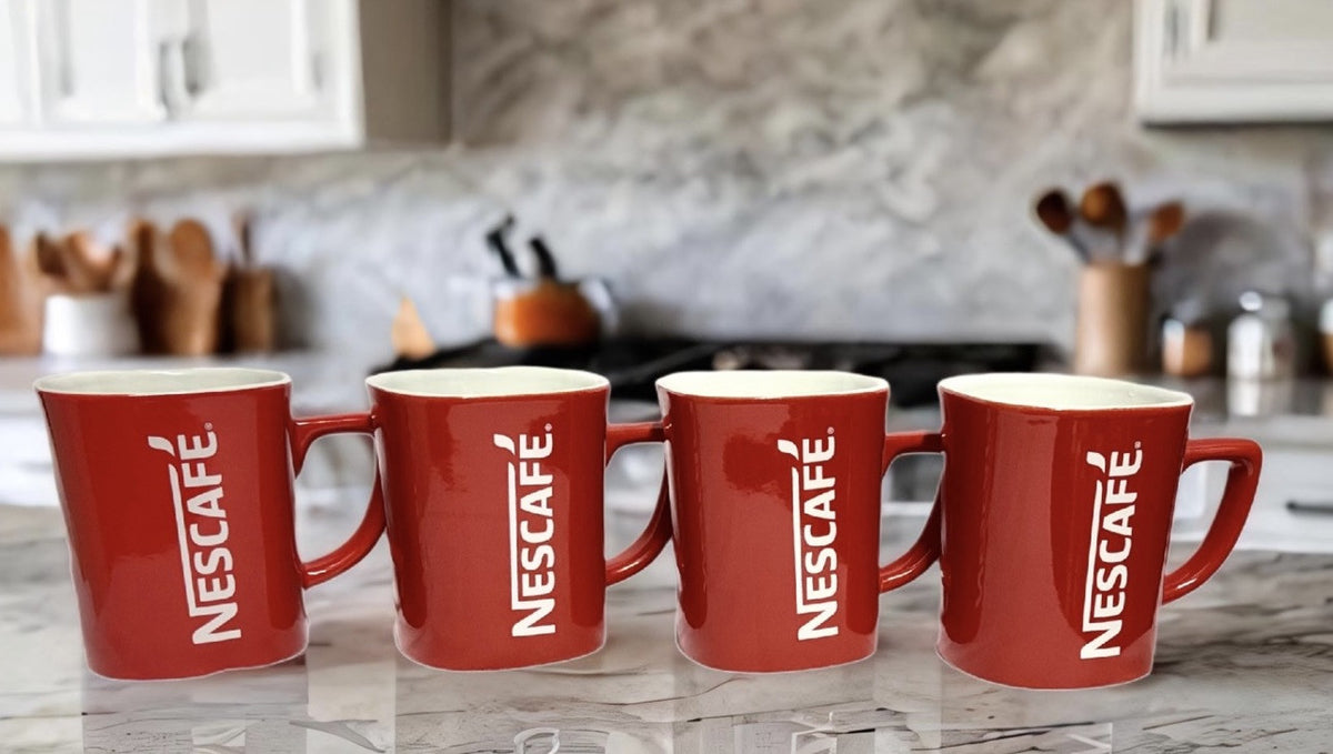 4-Nescafe Classic Red Mugs Square 8 oz White Interior Coffee Tea Ceramic Cups