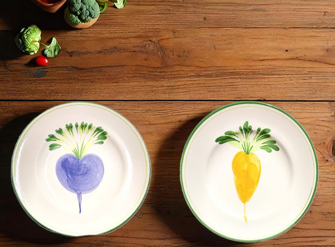PIZZATO Italy 2-Dinner Plates Hand Painted Carrots Beet Ceramic White Green Trim