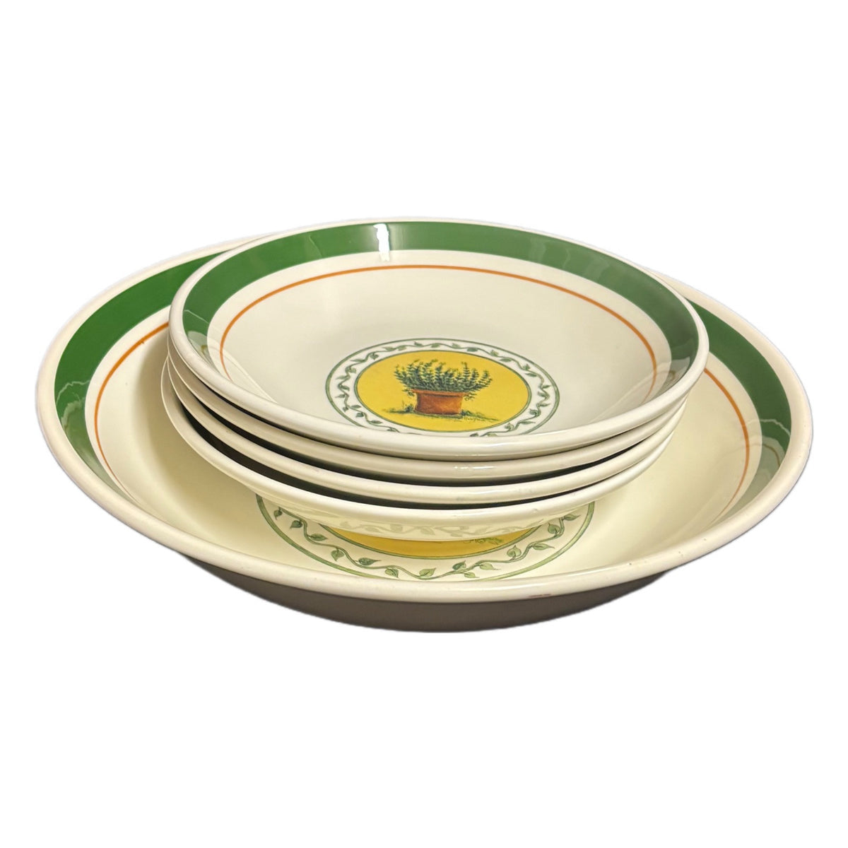Vintage CIC Italy Set 1_Serving Bowl 4-Pasta Bowls Wild Herb Plant Green Border