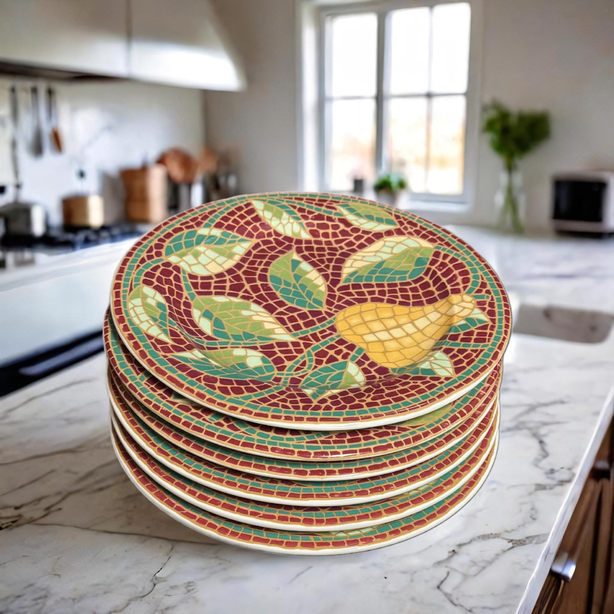 Pier 1 Imports MOSAIC FRUIT 6-Salad Plates ITALY Earthenware Dessert Dishes