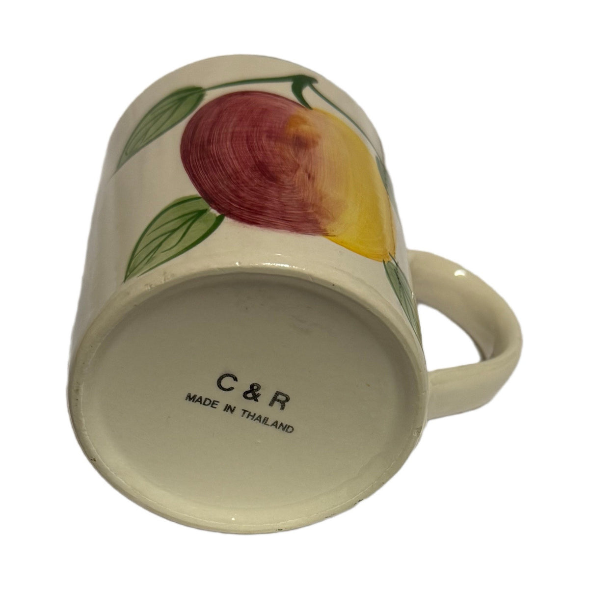 C & R 3 Dessert Plates 3 Mugs Fruit Apple Green Trim Thailand Dessert Coffee