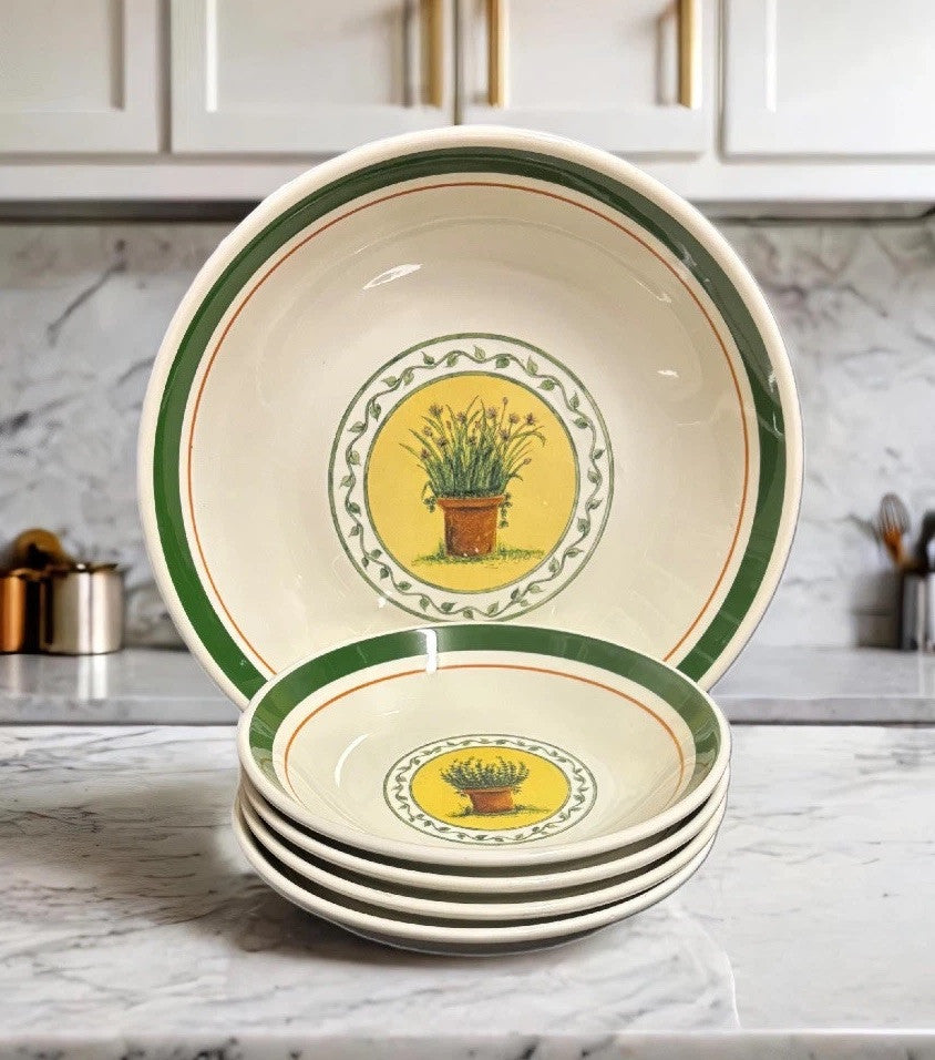 Vintage CIC Italy Set 1_Serving Bowl 4-Pasta Bowls Wild Herb Plant Green Border