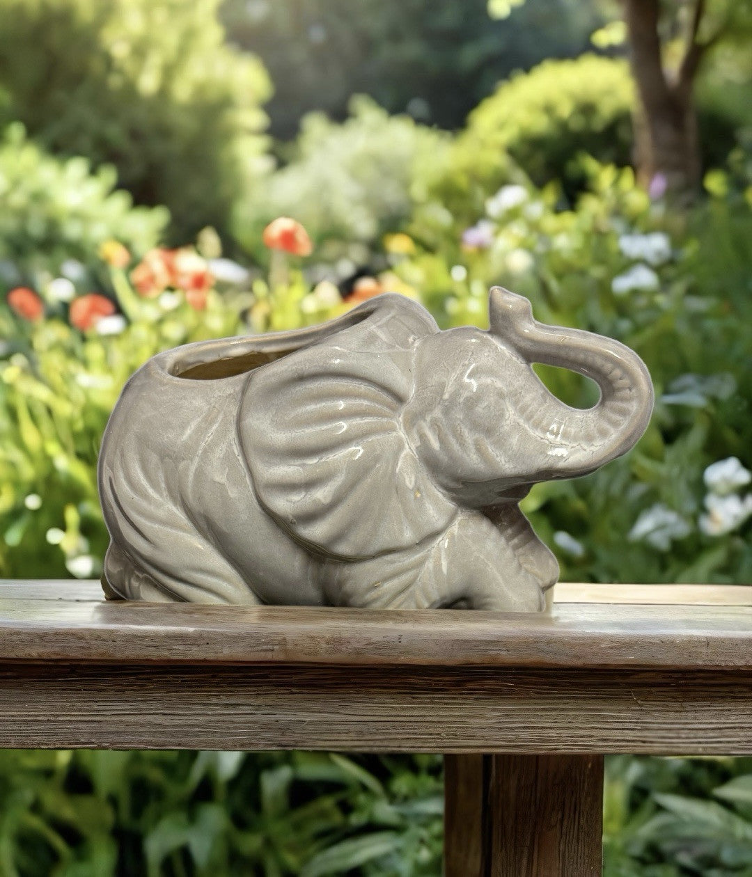 2-Elephant Planter Vase Trunk Up Gray Ceramic Garden Patio Flower Pot Gardening