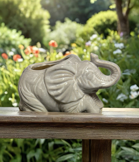 2-Elephant Planter Vase Trunk Up Gray Ceramic Garden Patio Flower Pot Gardening