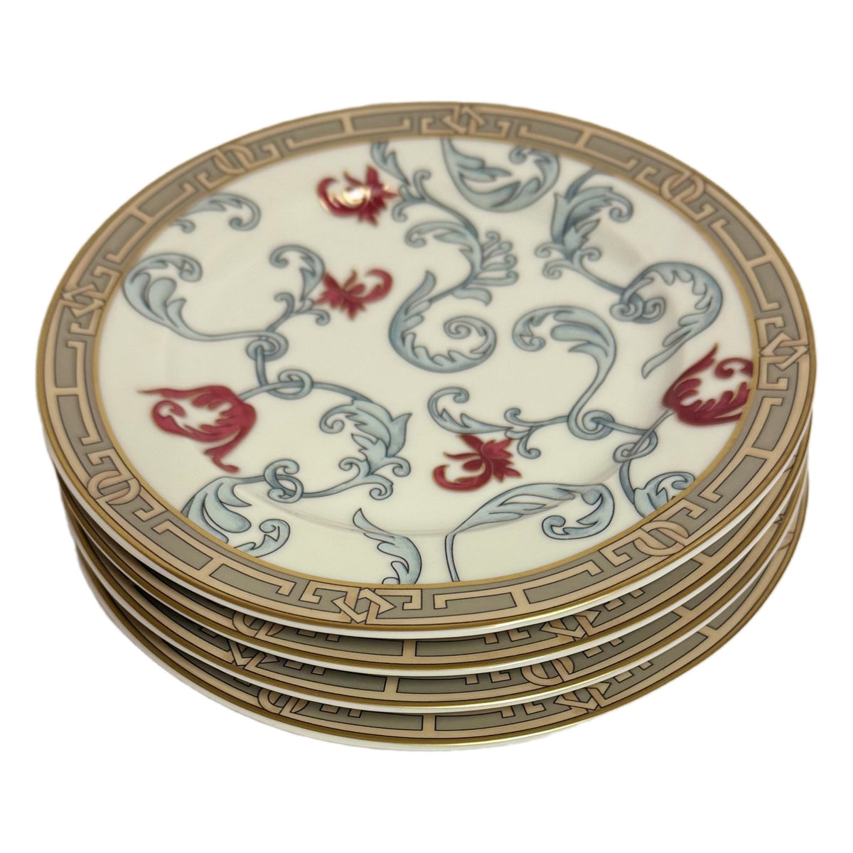 SAN MARINO Italy 4-Dessert  Plates Floral Red Tulip Gold Accent Salad Appetizer