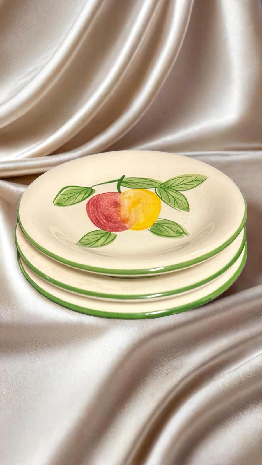 C & R 3 Dessert Plates 3 Mugs Fruit Apple Green Trim Thailand Dessert Coffee