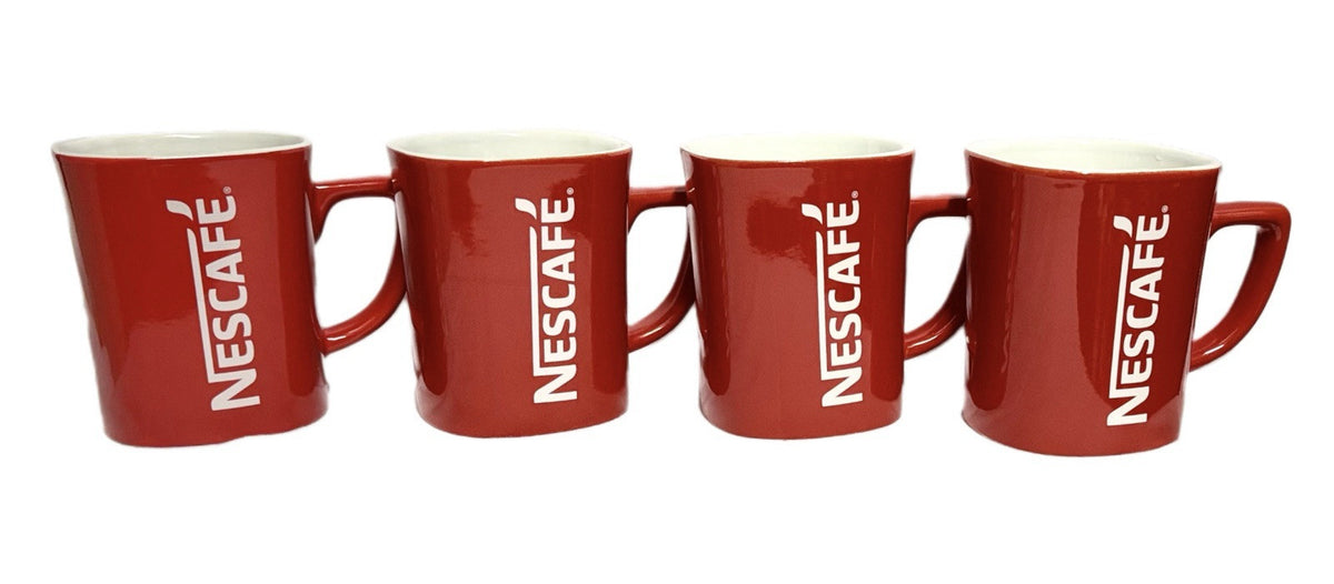 4-Nescafe Classic Red Mugs Square 8 oz White Interior Coffee Tea Ceramic Cups