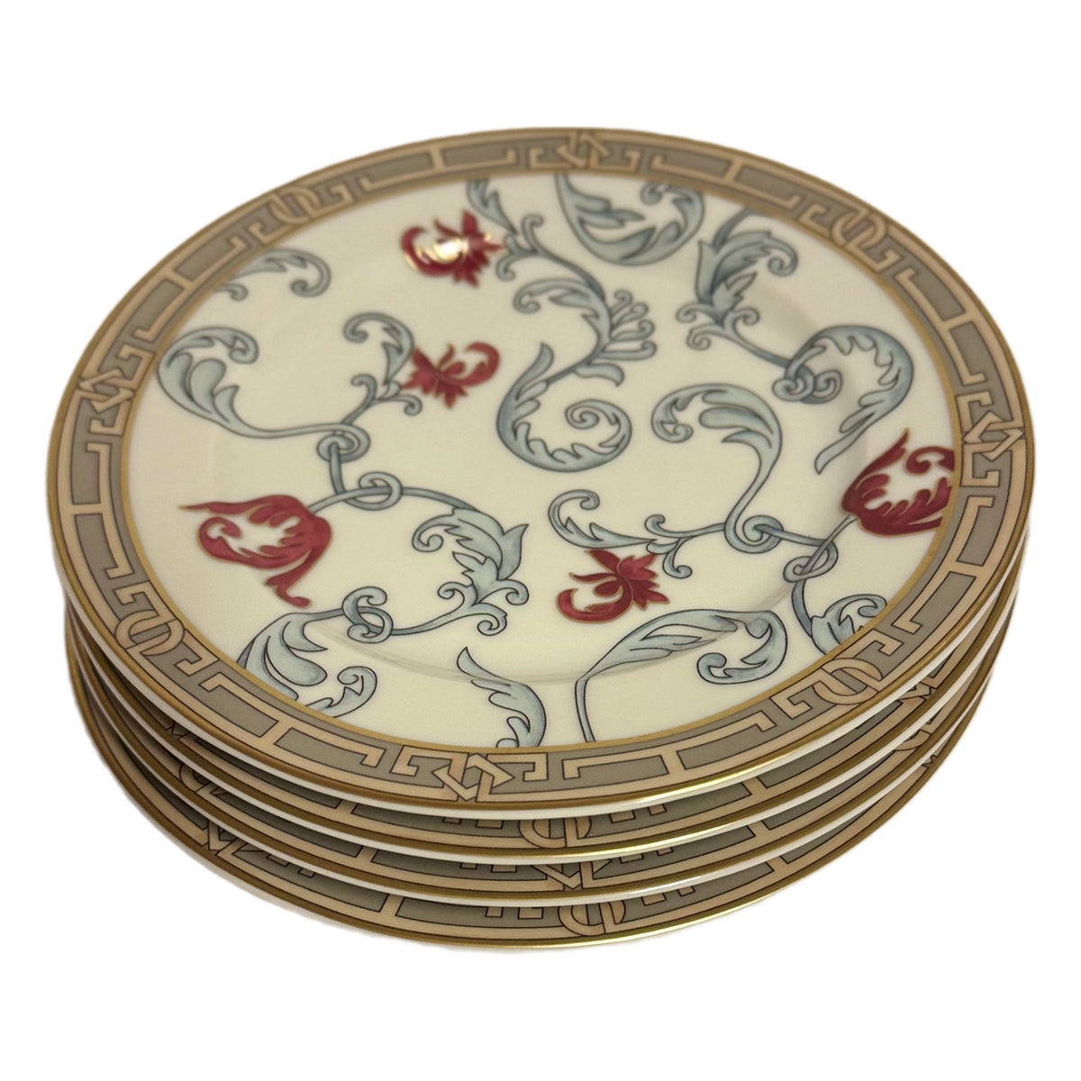 SAN MARINO Italy 4-Dessert  Plates Floral Red Tulip Gold Accent Salad Appetizer