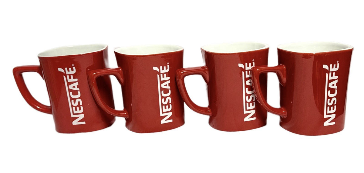 4-Nescafe Classic Red Mugs Square 8 oz White Interior Coffee Tea Ceramic Cups