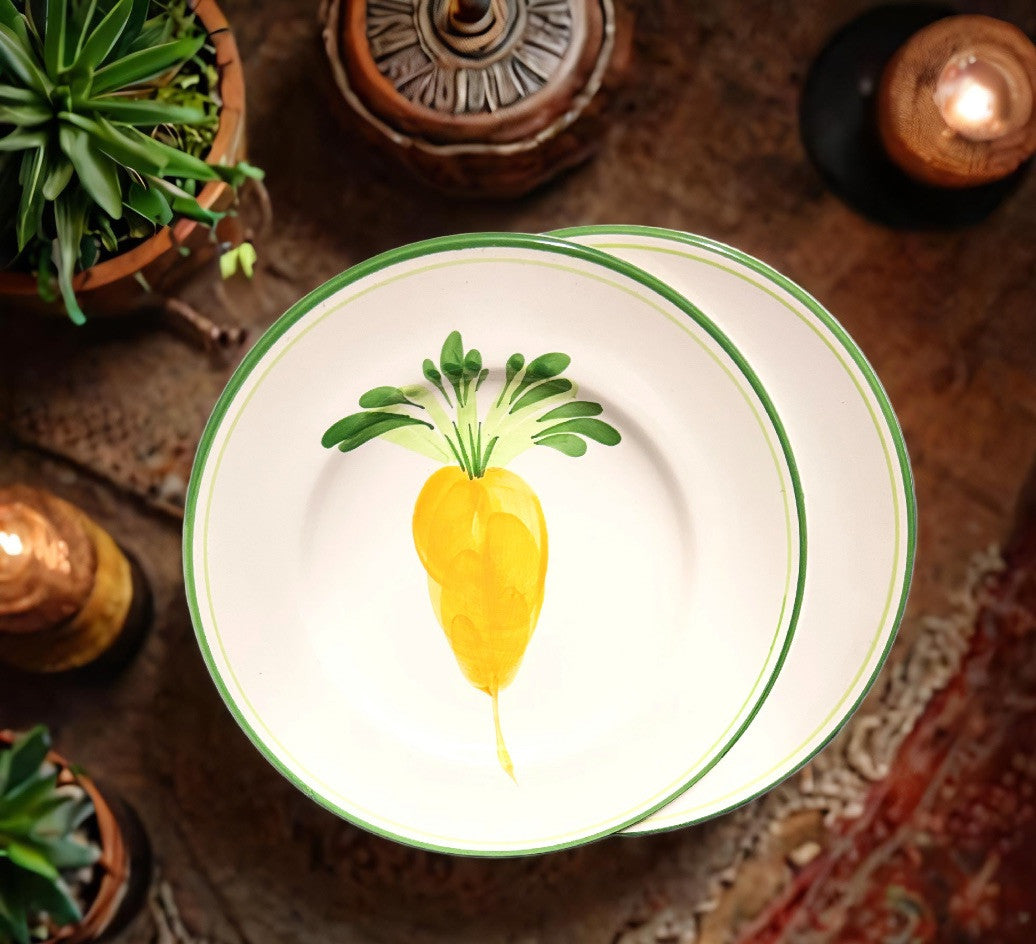PIZZATO Italy 2-Dinner Plates Hand Painted Carrots Beet Ceramic White Green Trim